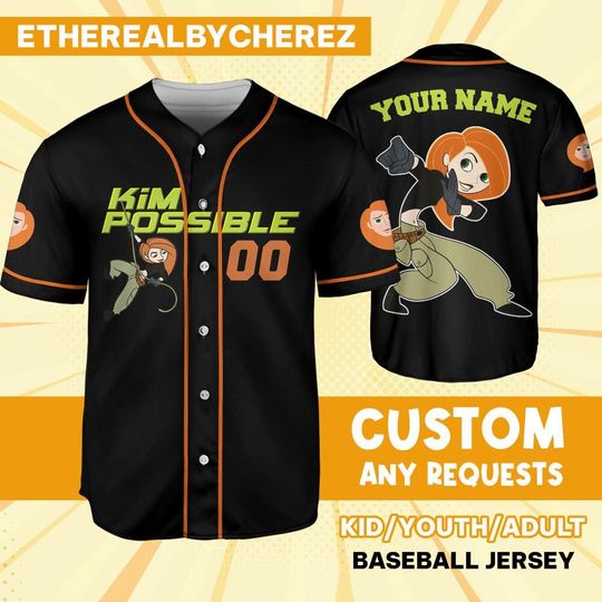 Personalize Kim Possible Orange Black Jersey, Baseball, Custom Kids, Youth, Adult, Birthday, Cartoon Team Outfit