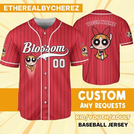 Personalize Blossom Jersey Red Black, Custom Kids, Youth, Adult, Birthday, Cartoon Team Outfit