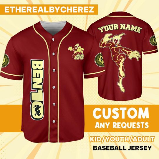 Personalize Ben 10 Pyronite Red Yellow Jersey, Baseball, Custom Kids, Youth, Adult, Birthday, Cartoon Team Outfit