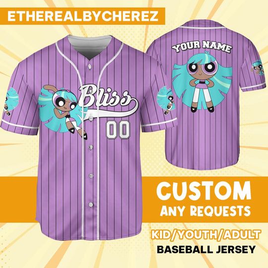 Personalize Bliss Jersey Violet Black, Custom Kids, Youth, Adult, Birthday, Cartoon Team Outfit