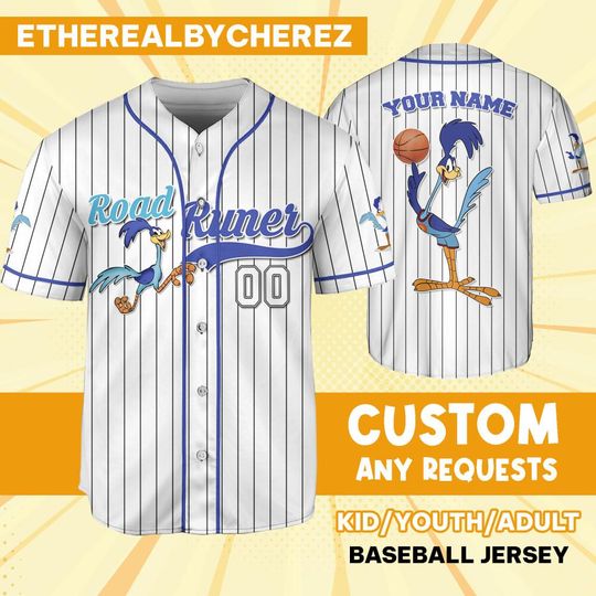 Personalize Road Runner Jersey Blue White, Baseball, Custom Kids, Youth, Adult, Birthday, Cartoon Team Outfit