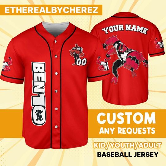 Personalize Ben 10 Four Arms Red Black Jersey, Baseball, Custom Kids, Youth, Adult, Birthday, Cartoon Team Outfit