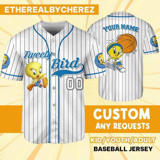 Personalize Tweety Bird Jersey Blue White, Baseball Jersey, Custom Kids, Youth, Adult, Birthday, Cartoon Team Outfit