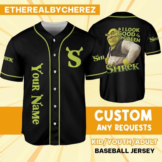 Personalize Shrek I Look Good In Green, Baseball Jersey, Custom Kids, Youth, Adult, Birthday, Cartoon Team Outfit