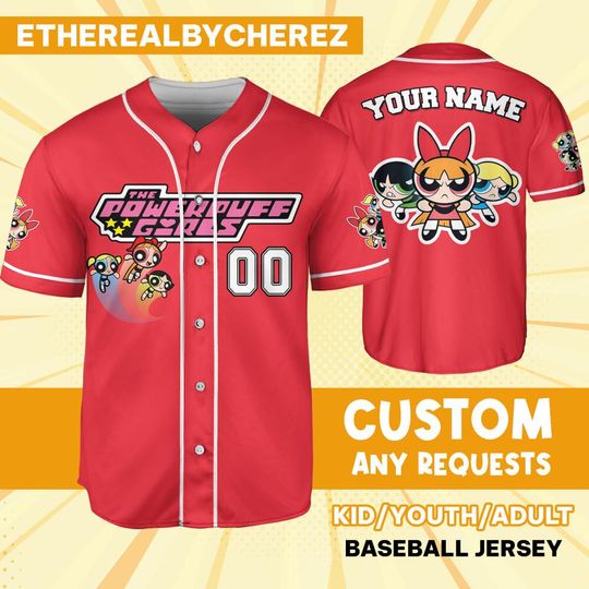Personalize Powerpuff Girl Action Red Black Jersey, Custom Kids, Youth, Adult, Birthday, Cartoon Team Outfit