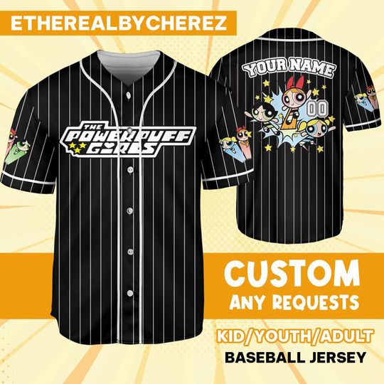 Personalize Powerpuff Girl Fly Black White Jersey, Custom Kids, Youth, Adult, Birthday, Cartoon Team Outfit