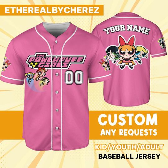 Personalize Powerpuff Girl Action Pink Black Jersey, Custom Kids, Youth, Adult, Birthday, Cartoon Team Outfit