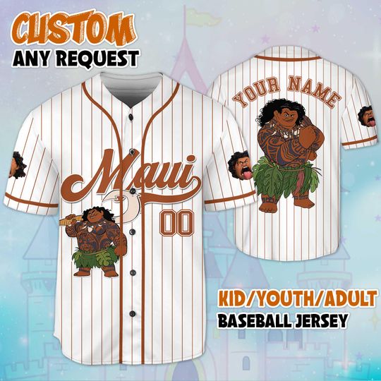 Personalized Maui Moana Baseball Jersey, Custom Maui Jersey for Disney Fans, Disneyland Birthday Gift, Disney Baseball Team Outfit