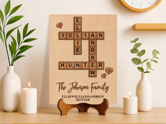Personalized Family Puzzle Sign for Family Gift, Custom Family Name Sign, Crossword Puzzle Wooden Sign, Grandkids Name Gift For Grandparents