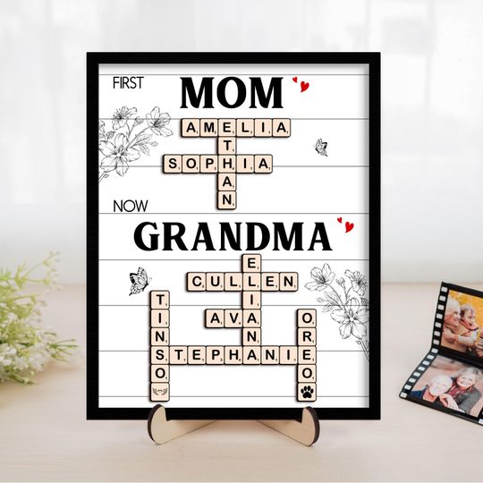First Mom Now Grandma Crossword Puzzle Personalized, Family Name Sign, Gift For Mom, Grandma Gift, Mothers Day Gift, Grandkids Name Keepsake