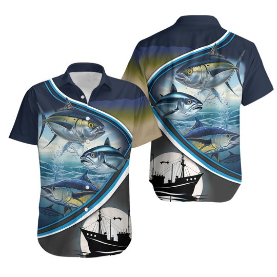 Fishing Hawaiian Shirts for Men - Tuna Fish Casual Button Down Summer Aloha Fishing Shirt