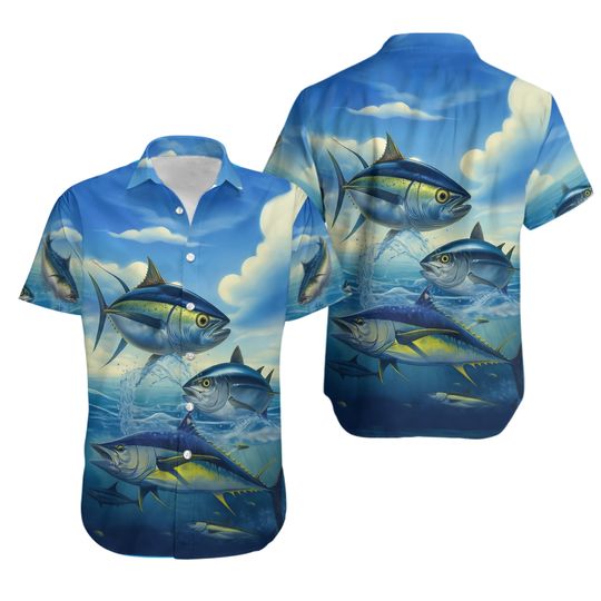 Tuna Hawaiian Shirts for Men - Tuna Fishing Casual Button Down Summer Aloha Fishing Shirt