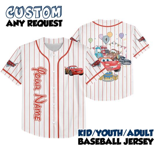 Custom Birthday Jersey Shirt McQueen Theme, Family Matching Outfit, Baseball Style, Personalized Kids & Adults Gift for Disney Fan Red
