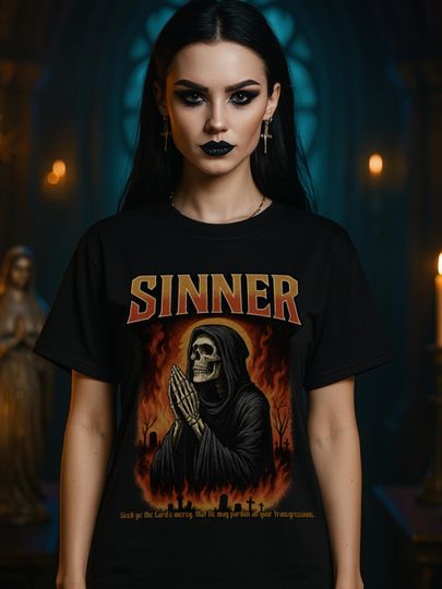 SINNER Praying Skeleton Flame Graveyard T-Shirt - Gothic Horror Metal Band Tee for Halloween & Dark Fashion