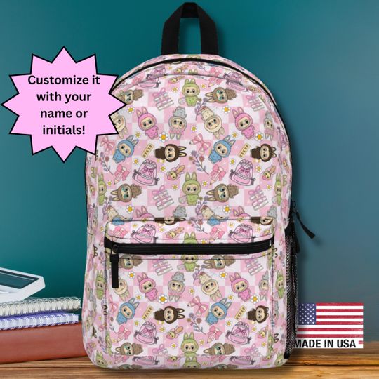 Kawaii Schoolbubu Monster Backpack, Personalized Pastel Pink Bag with Bows and Flowers