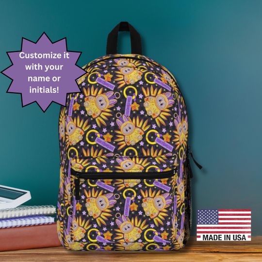 Purple Sun Moon Monster Backpack with Custom Name for School