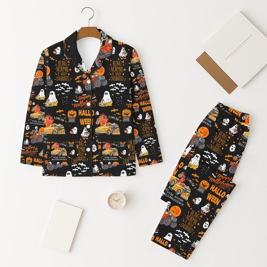 Halloween Pattern Pajamas Set, Ghost Pumpkin Skeleton Pajamas, Long Sleeve Shirt, Holiday Gift, Spooky Season Gift, Halloween Matching Set