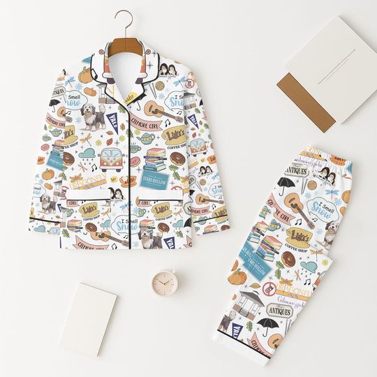 Fall Season Pajamas Set, Luke Diner's Coffee Sleepwear, Gift For Autumn, TV Series Design, Women Long Sleeve Pajamas
