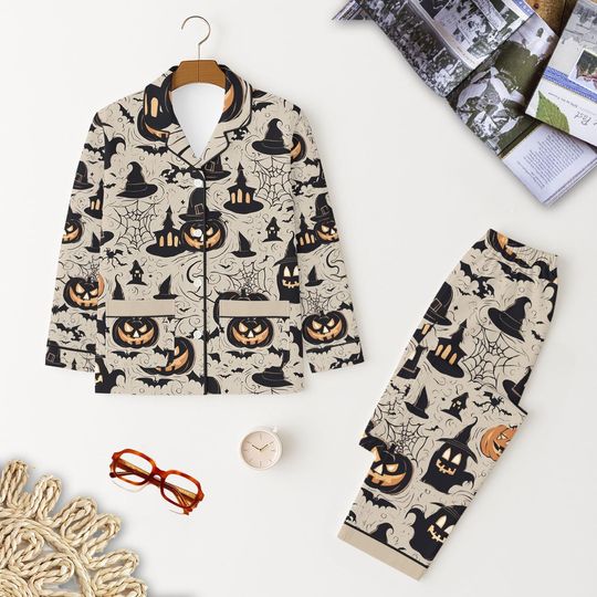 Spooky Pumpkin Halloween Pajama Set, Creepy House Sleepwear, Spooky Castle And Spider Web, Fall Loungewear For Men Women