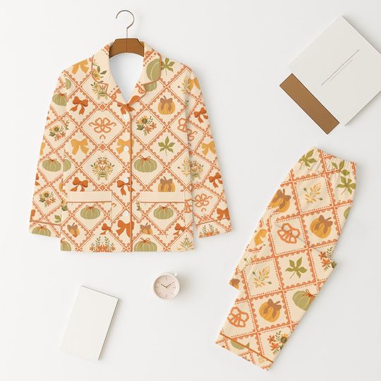 Pumpkin Coquette Bow Pajamas Set, Fall Vibe Pyjamas, Halloween Shirt, Vintage Women Pajamas, Holiday Homewear, Gift for Her, Autumn Season