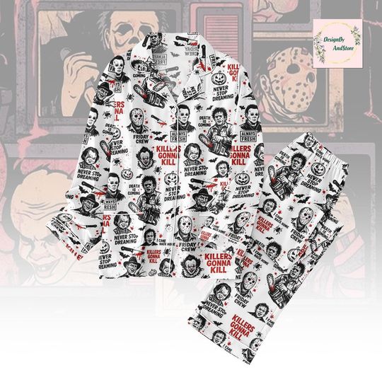 Killers Gonna Kill Pajamas Set, Horror Characters Pjs, Slasher Gift for Horror Fans, Horror Movie Pajama Set, Killers Merch, Halloween Gift