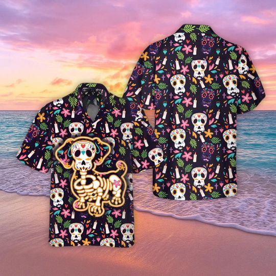 Hawaiian Halloween Bone Skull Dog Shirt, Mexican Pattern, Sugar Skull Aloha, Holiday Gift, Summer Vacation Outfit