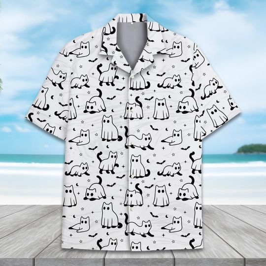Ghost Cat Halloween Hawaiian Shirt Men Women Youth, Cute Cat and Bat Shirt, Spooky Cartoon Cat Short Sleeve Button Down