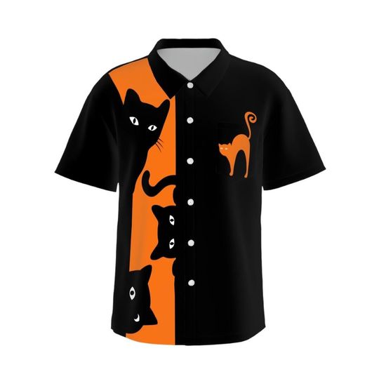 Halloween Hawaiian Shirt for Men, Black Cat Button Down Shirt, Cat Hawaiian Shirt, Cat Bowling Shirt, Halloween Collared Shirt