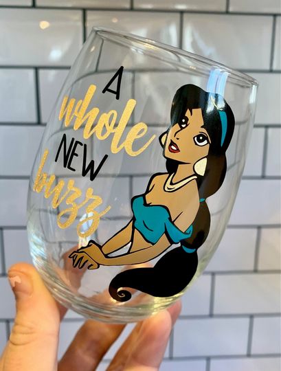 A Whole New Buzz Wine Glass, Jasmine Wine Glass, Princess Wine Glass, Aladdin Wine, Dis Wine Glass, Dis Gift, Disney Inspired, Jasmine, Wine