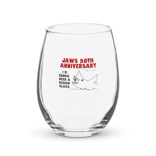 Jaws 50th Anniversary Stemless Wine Glass, Shark Movie Gift, 15oz Shark Lover Drinkware