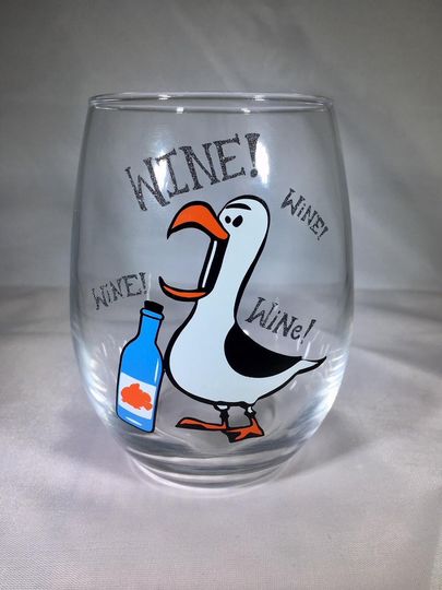 Seagull Wine Glass, Funny Bird Wine Glass, Finding Nem Inspired Wine Glass, Dis Inspired Wine Glass, MINE Glass, Gift, Nemo Wine Glass