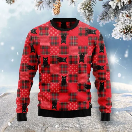 Lovely Black Cat Ugly Christmas Sweater, Perfect Holiday Gift