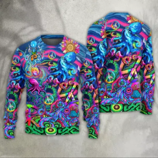 Hippie Funny Octopus Colorful Tie Dye Ugly Christmas Sweater