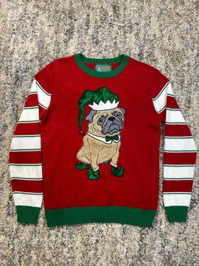 Ugly Christmas Sweater Mens Size Small Elf Pug 3D Unisex Striped Sleeves Bell