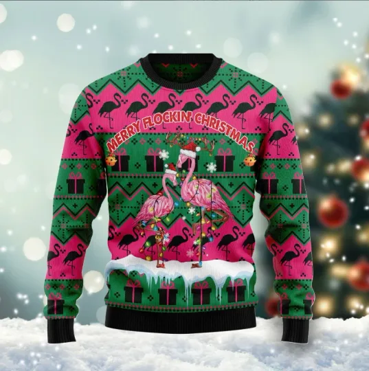 Merry Flockin Christmas Flamingo Ugly Christmas Sweater, Perfect Holiday Gift