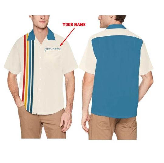 Retro Vintage-inspired Bowling Shirt, 1950s style, Hawaiian Button-up, striped, rockabilly, youth sizing options, PERSONALIZATION AVAILABLE