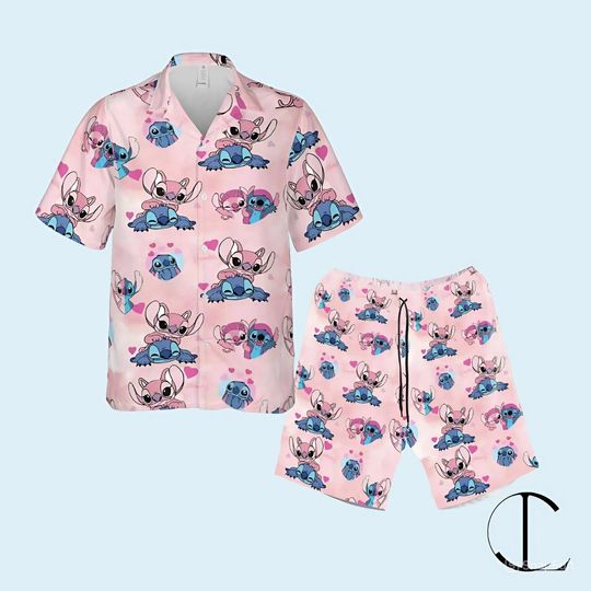 Stitch & Angel Summer Beach Hawaiian Shirt, Hawaiian Shirt Tropical, Personalized Hawaii Shirt For Men Women Youth, Family Matching Outfits