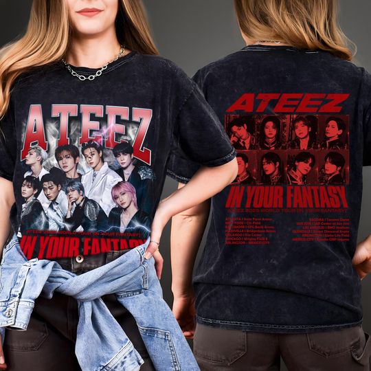 Retro Ateez 2025 World Tour in Your Fantasy Mineral Washed Tee, Ateez World Tour 2025 in North America Mineral Wash Tee, ATEEZ Golden Hour