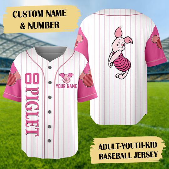 Personalized Pink Pig Baseball Jersey, Cartoon Pig Animal Character Baseball Shirt, Magic Kingdom Group Matching Tee, Birthday Gift For Kid