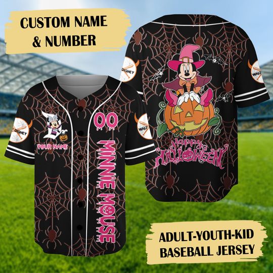 Personalized Minnie Mouse Halloween Baseball Jersey, Minnie Jersey Shirt, Cartoon Baseball Jersey, Magic Kingdom Shirt, Jersey Team Tee
