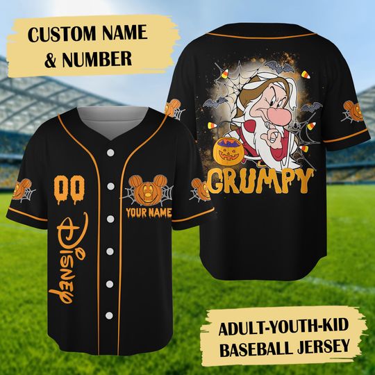 Personalized Grumpy Dwarfs Baseball Jersey, Custom Seven Dwarfs Baseball Jersey Team, Grumpy Halloween Shirt, Halloween Party Gift