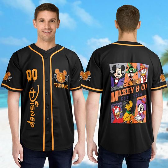 Personalized Mickey & Co 1928 Halloween Baseball Jersey, Custom Mickey And Friends Jersey Shirt, Minnie Donald Goofy Halloween Trip