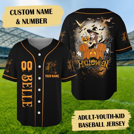 Personalized Belle Princess Halloween Baseball Jersey, Custom Name Baseball Jersey, Beauty And The Beast Movie Gift, Princess Jersey Shirt