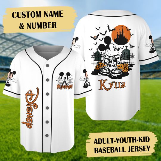 Personalized Mickey Mouse Halloween Baseball Jersey, Mickey Skeleton Horror Jersey Shirt, Halloween Baseball Team Gift, Magic Kingdom Shirt