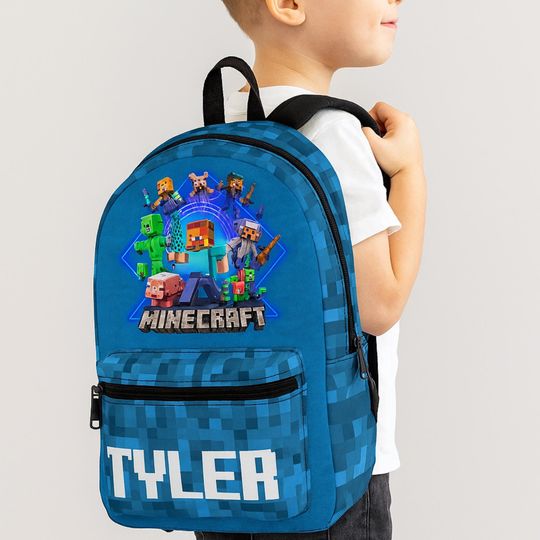 Minecraft Backpack, Gaming School Bag, Kids Bookbag, Video Game Rucksack, Gamer Gift, Custom Name, Back to School Gear
