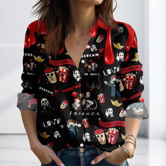 Lets Watch Horror Movies Blouse Shirt, Scream Horror Linen-Look Shirt, Halloween Blouse Women Shirt