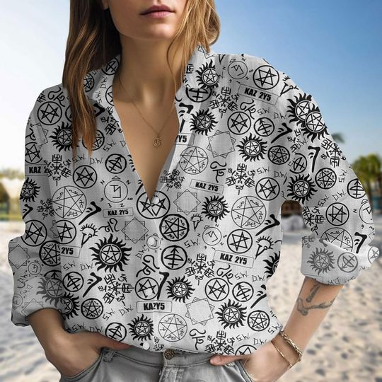 Supernatural Blouse Shirt, Anti Demon Sigil Button Shirt, Movie Blouse Women Shirt, Button Up Women Shirt, Summer Gift For Her