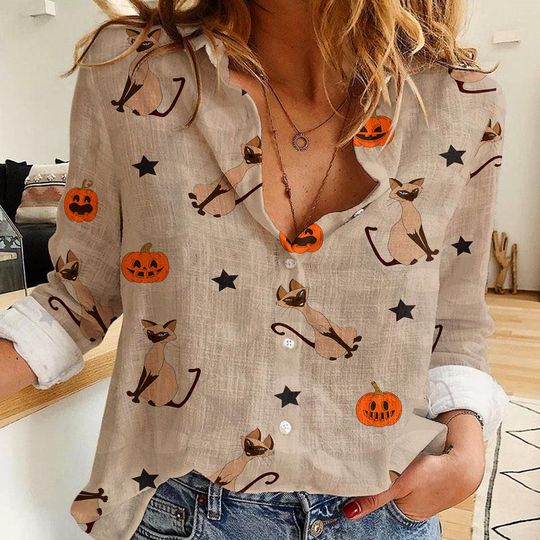 Lady and Tramp Si Am Cat Women's Linen Casual Shirt, Button Up Shirt, Disney Vintage Shirt