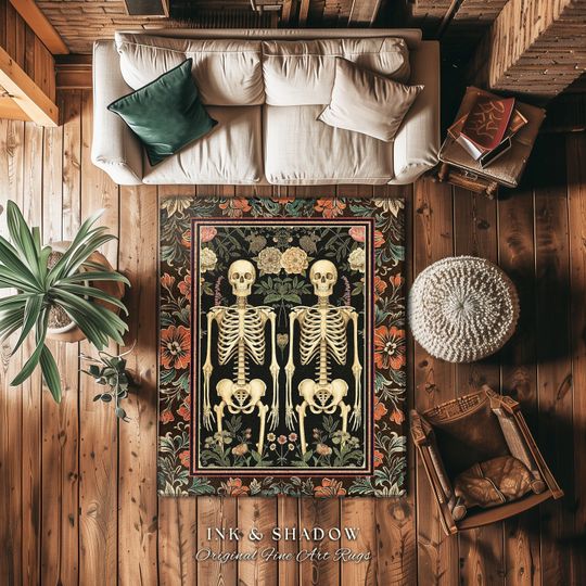 Floral Whimsigoth Skeleton Rug Dark Academia Decor Victorian Witchy Room Rug