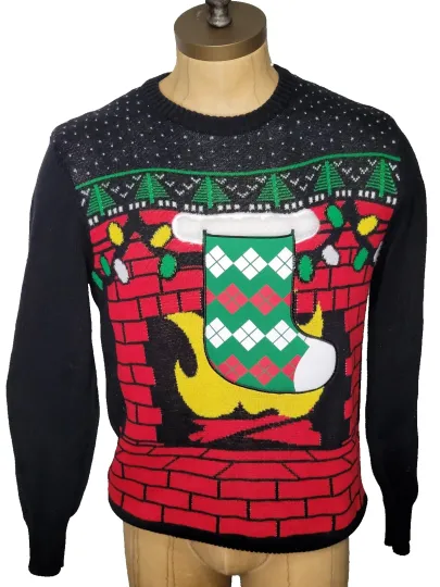 Well Worn Holiday Sweater Mens M Black Red Embellished 3D Ugly Christmas Sweater